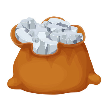 Old bag full of silver nugget in cartoon style isolated on white background. Award concept, fortune, ui game asset. Moneybag retro decoration.
