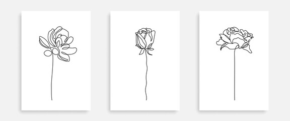 Abstract Flowers Line Art Prints Set. Modern Minimalist Single Line Art, Flowers, Aesthetic Contour. Great for Poster, Prints, t-shirt, Wall Art, Logo, Banner. Set of 3 Creative Minimalist Prints. 