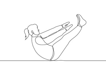 woman doing abdominal exercise, shape corner - one line drawing vector. V-twist workout concept