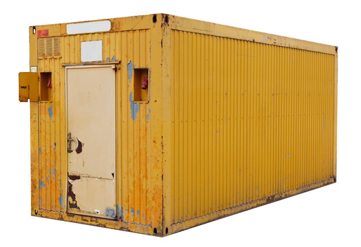 Shed on construction site  made of yellow  metal   cargo container isolated