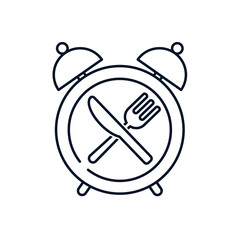 Alarm clock, knife, fork. The concept of lunch time, diet. Vector icon isolated on white background. 