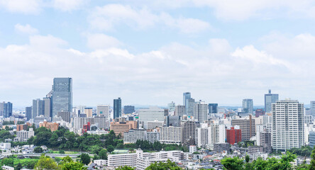 city skyline aerial view of Sendai in Japan