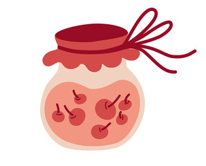 Glass jar with jam. Homemade jam with berries in a cute jar. Healthy eating, sugar replacement. Vector Illustration isolated on transparent background.