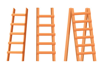 Set wooden ladder in flat cartoon style isolated on white background. Household equipment, portable stairs. Tool, icon.