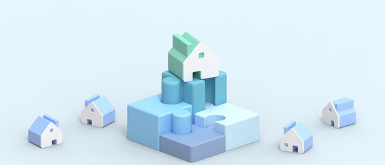 Property industry. leader real estate industry and small Housing Concept with financial connection ideas through jigsaw symbols on blue background. copy space, banner - 3d rendering