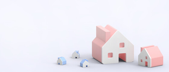 Property industry growth Concept and Red small Housing Family on purple background. copy space, banner, website- 3d rendering