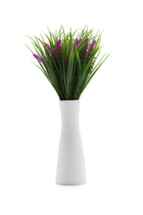 Subject shot of white ceramic vase with bunch of pink sage flowers. Bouquet of plant for interior decorating is isolated on the white background. 