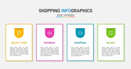 Concept of shopping process with 4 successive steps. Four colorful graphic elements. Timeline design for brochure, presentation, web site. Infographic design layout.