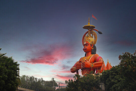 Beautiful Statue Of Lord Hanuman. Temple in New Delhi. Beautiful Sky. Evening time. 