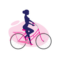 Vector young beautiful woman riding a pink bicycle. Isolated on white background.