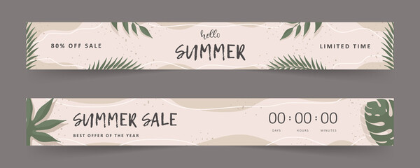 Hello Summer. Sale banner. Calligraphy quote. Vintage background with tropical leaves. Vector illustration in flat style.