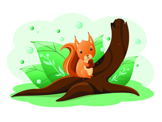 A cute squirrel with a nut sits on a stump against a background of green leaves. Children's illustration of forest animals.