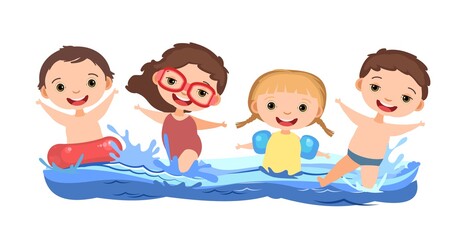 Children fun and splashing in water. Swimming, diving and water sports. Pool or beach. Isolated on white background. Illustration in cartoon style. Flat design. Vector art