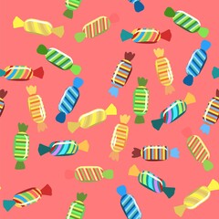 Sweets and scattered. Assorted lollipop dessert interspersed. Candy caramel wrapped. Bottom seamless pattern. Flat Background illustration. Vector