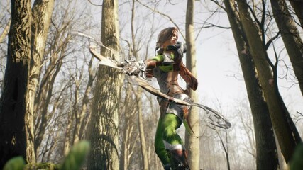 A archer-girl looks around in search of an enemy in a green summer forest. Historical medieval concept. The animation is for historical, medieval or fantasy backgrounds. - Powered by Adobe