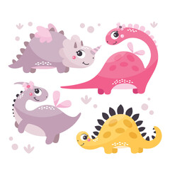 Cute wild vector set with Dinosaur Girls in trendy colors