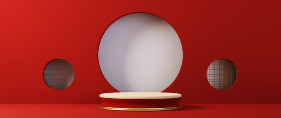 Podium, pedestal or platform, red background for the presentation of cosmetic products. Place for ads. 3D rendering stage geometry with gold. Product presentation blank podium.