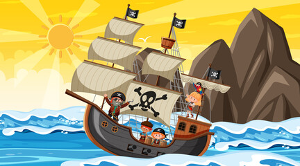 Naklejka premium Ocean with Pirate ship at sunset scene in cartoon style