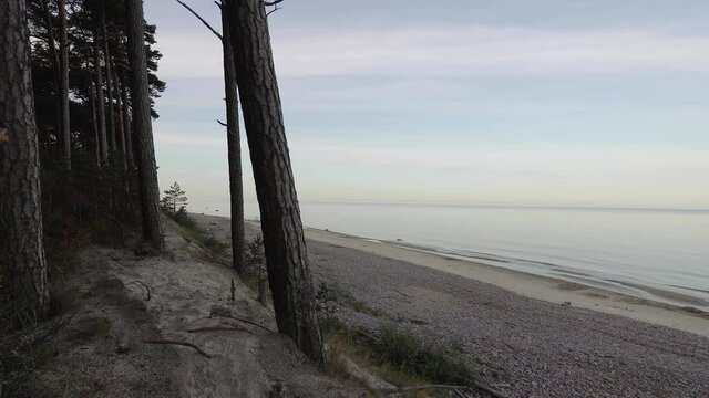 Baltic sea coast early in the morning before sunrise. Camera pan movement to the right. 