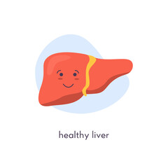 Healthy cute liver character. Happy kawaii smiling icon of human organ on blob background. Vector illustration in flat cartoon style isolated on white.