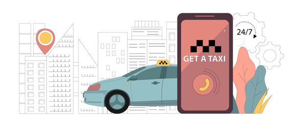 Online taxi service. Mobile service app. Vector isolated illustration on white background