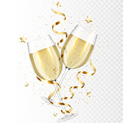 Transparent realistic two glasses of champagne with ribbons and confetti, isolated. © Aliona Manakova