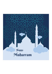 Editable Vector of Cloudy Mosque Silhouette Illustration in Flat Style on Patterned Background for Artwork Elements of Muharram Hijri New Year or Islamic Holy Festival Design Concept