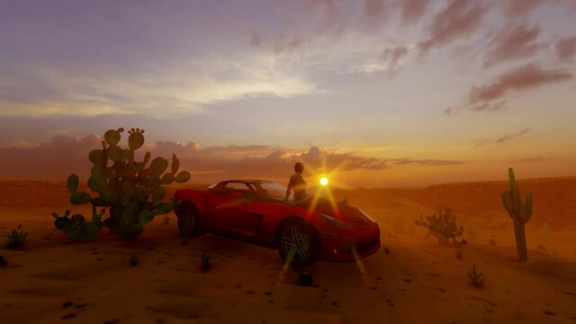 Sexy woman sitting on top of a sport car in desert against hot sun, 4K