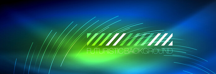 Neon glowing lines, magic energy and light motion background. Vector wallpaper template