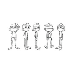 a set of five angles of a standing boy in a superhero costume. the little thief. a cartoon character. horizontal. contour. silhouette