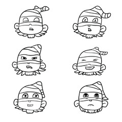 a set of six emotions: sleep, fright, rage, joy, peace, sadness. The masked boy. a cartoon character. coloring book, outline.