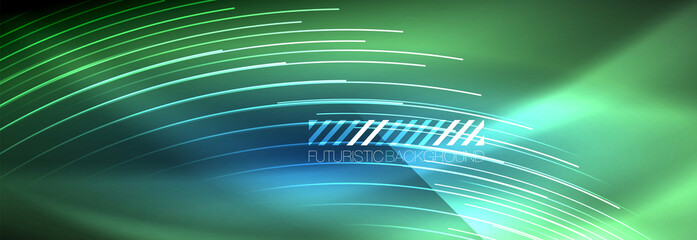 Neon glowing lines, magic energy and light motion background. Vector wallpaper template