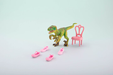 Surreal shoe store concept; female raptor buys shoes, funny situation in shopping mall.