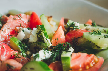 Fresh tomatoes with cucumber and spices in a ceramic bowl. Concept for a tasty and healthy appetizer. Close up. Front view.