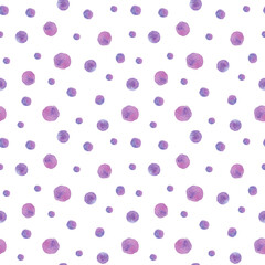 Purple watercolor polka dots on white background. Abstract lilac and white summer pattern backdrop. Dynamic easy seamless pattern for textile, paper, design packaging. - obrazy, fototapety, plakaty