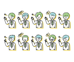 冬の制服を着た様々な男子学生のイラスト（上半身）