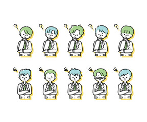 冬の制服を着た様々な男子学生の感情表現イラスト（上半身）