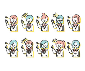 冬の制服を着た様々な女子学生のイラスト（上半身）