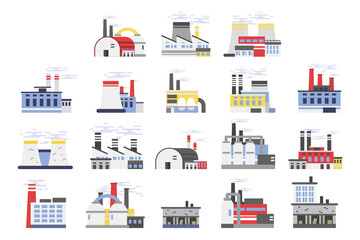 Industrial Plant and Factory Buildings with Chimney Stalk Vector Set