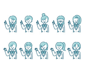 冬の制服を着た様々な女子学生のイラスト（上半身）
