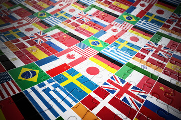 Country flags on jigsaw puzzle pieces. 3D illustration