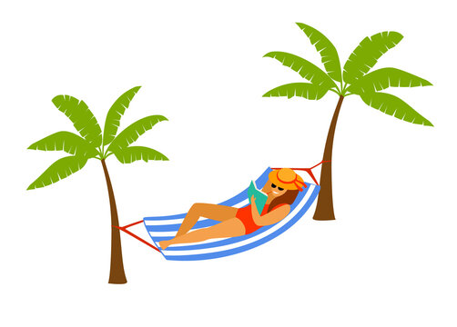 woman lying in hammock on the beach, reading a book, relaxing isolated vector illustration