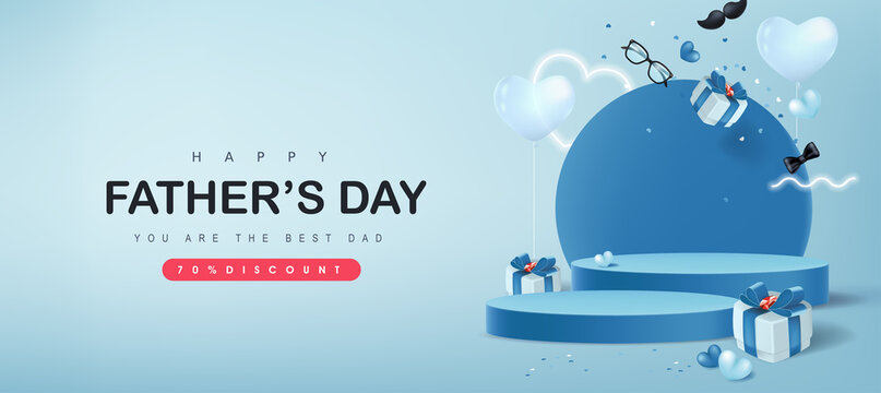 Happy Father's Day card with product display cylindrical shape and gift box for dad on blue background