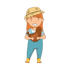 Little Girl in Overall Holding Hen in Arms Farming and Caring about Livestock Vector Illustration