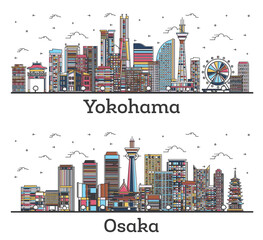 Fototapeta premium Outline Yokohama and Osaka Japan City Skyline Set.