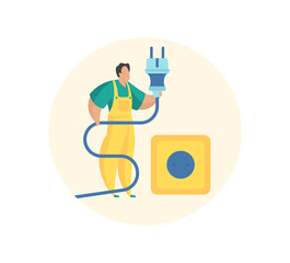 Wiring and electricity connection. Electrician with plug in his hands checks integrity cable and socket. Enabling power and voltage appliances. Husband for hour. Vector flat illustration isolated