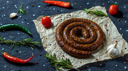 Sausage bbq grill with tomatoes, rosemary, peppers, salt, garlic, spices and vegetables.