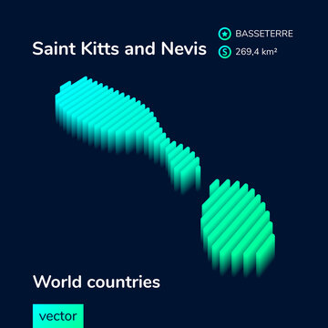 Stylized striped vector  neon map of Saint Kitts and Nevis with 3d effect. Map of Saint Kitts and Nevis is in green and mint colors on the dark blue background. 3d map of Saint Kitts and Nevis
