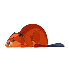 A beaver taking a relaxing. Cartoon character of a small mammal animal. A wild forest creature with brown fur. Side view. Vector flat illustration isolated on a white background