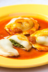 ravioli filled with spinach served with tomato sauce
